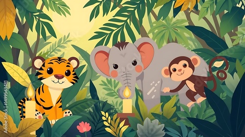 group of wild mammals in a lush tropical jungle, including a tiger, elephant, and monkey. Natural lighting, realistic style, high detail, vibrant colors