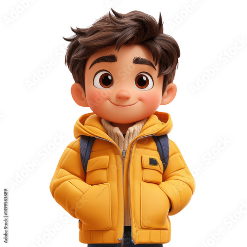 Cartoon character boy in yellow jacket illustration render design art on transparent background