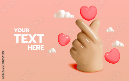 3D Hand Making Korean Finger Heart with Floating Hearts and Clouds on Pink Background