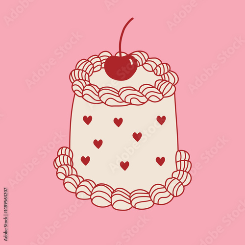 Hand drawn cake with cherrie. Line art sweet pastry food. Whimsical doodle dessert illustration. Coquette bakery item. Ideal for wedding, anniversary, valentine day. Vector graphic.	