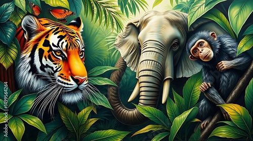 group of wild mammals in a lush tropical jungle, including a tiger, elephant, and monkey. Natural lighting, realistic style, high detail, vibrant colors