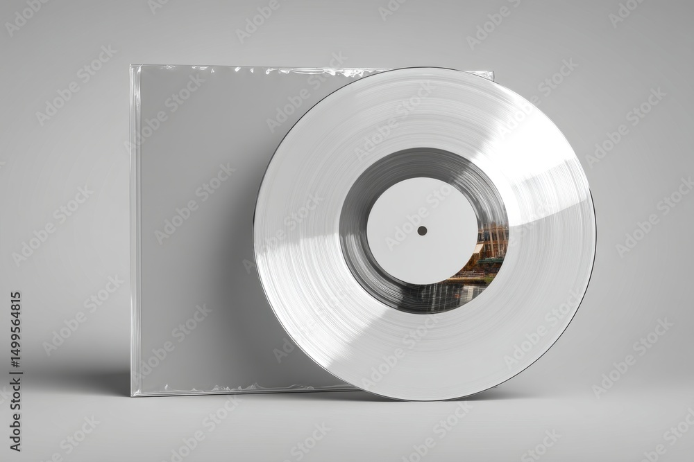 An abstract view of a silver vinyl record with jacket sleeve on a clean background. Captures the vinyl record in a modern and artistic way with focus on detail An abstract view of a silver vinyl record with jacket sleeve on a clean background. Captures the vinyl record in a modern and artistic way with focus on detail