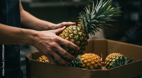 Pineapple in Motion: The motion of hands gracefully placing a ripe pineapple into a cardboard box filled with its counterparts creates a visually engaging dance of culinary delight.