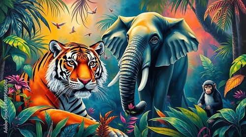 group of wild mammals in a lush tropical jungle, including a tiger, elephant, and monkey. Natural lighting, realistic style, high detail, vibrant colors