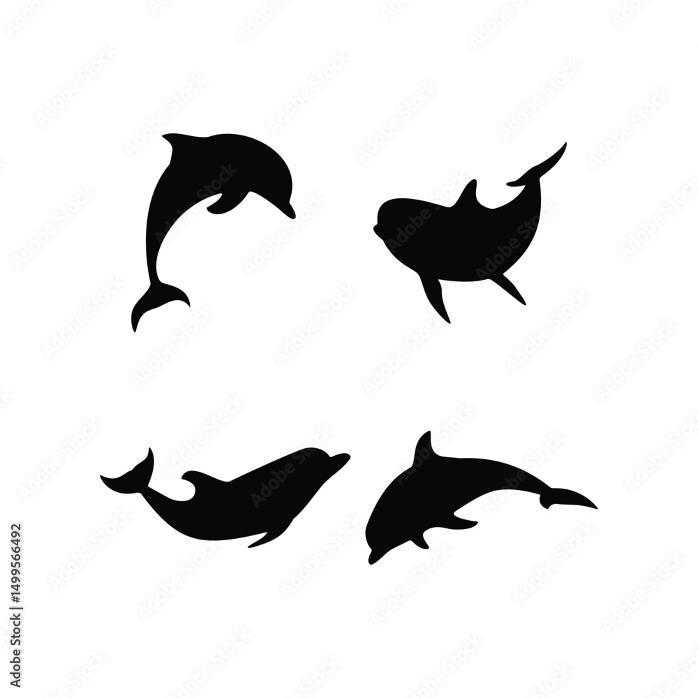 Fototapeta Dolphin Silhouette and Line Art Icon Set Vector Illustration of Marine Animals Isolated on White Background for Ocean Themed Designs