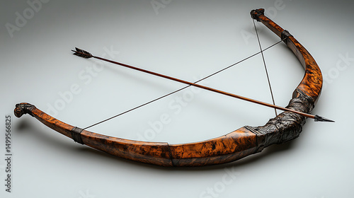 A meticulously crafted English longbow with a drawn arrow, the fletching and bow wood sharply detailed against a clean white background under professional studio lighting 