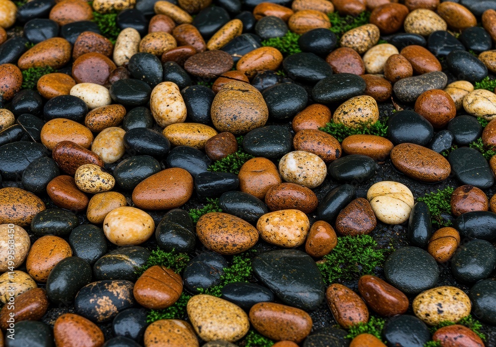 Pile of colorful wet pebbles with moss Pile of colorful wet pebbles with moss