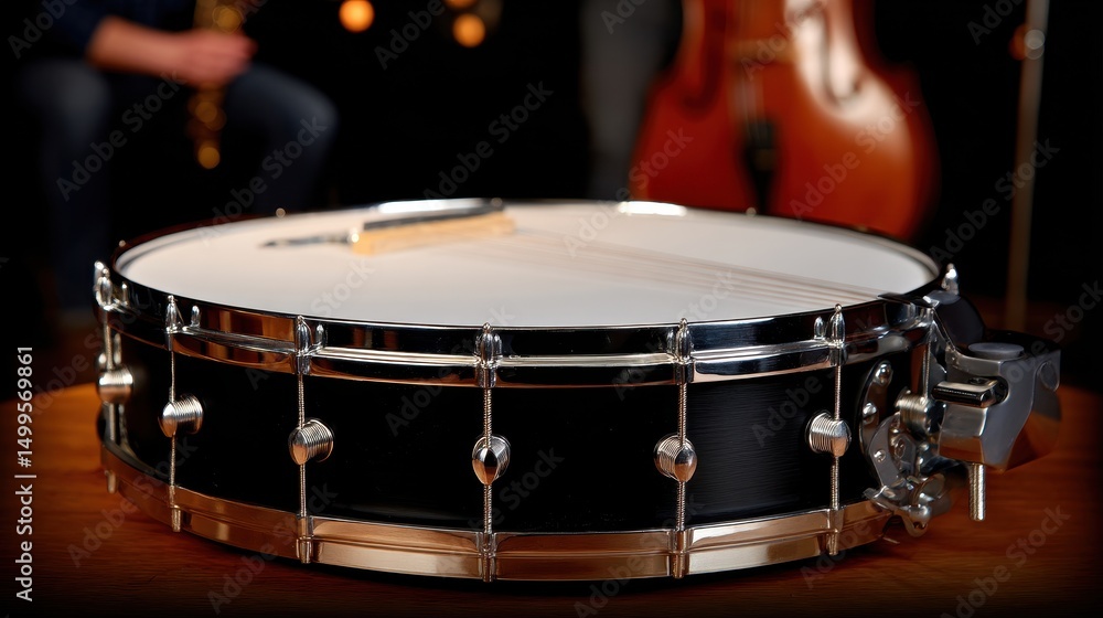 Obraz premium Black Banjo on Wooden Surface with Blurred Musicians in Background