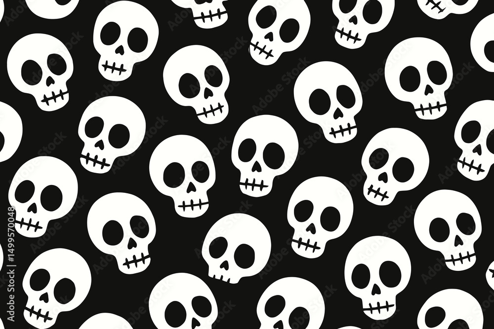 Seamless Pattern of Cute Cartoon Skulls on Black Background Seamless Pattern of Cute Cartoon Skulls on Black Background