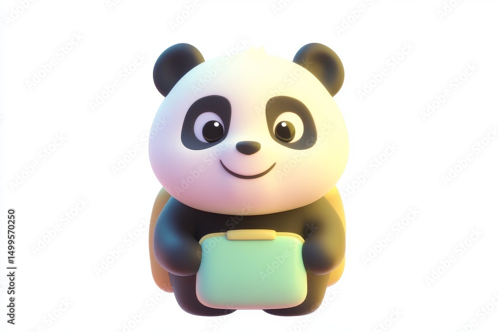 Fototapeta premium 3D cartoon panda pencil case icon in black and white with bamboo design, ultra-detailed, high-definition, isometric view.