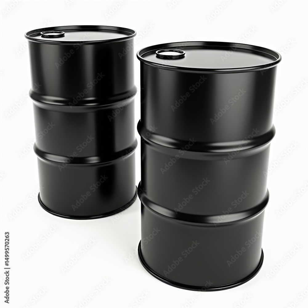 Two blank black oil drums isolated against white background. Industrial containers. Steel barrels for storing fuel. Energy sector. Crude oil, petroleum products storage. Fossil fuels crisis concept. Two blank black oil drums isolated against white background. Industrial containers. Steel barrels for storing fuel. Energy sector. Crude oil, petroleum products storage. Fossil fuels crisis concept.