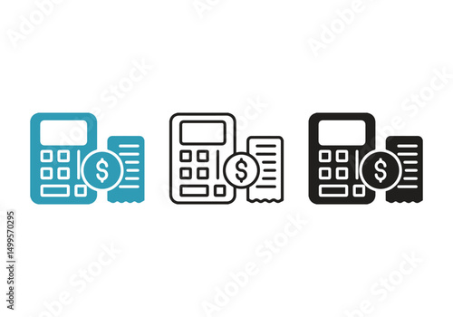 Vector illustration icon of a modern calculator displaying a dollar sign,  casting a shadow on a beige background