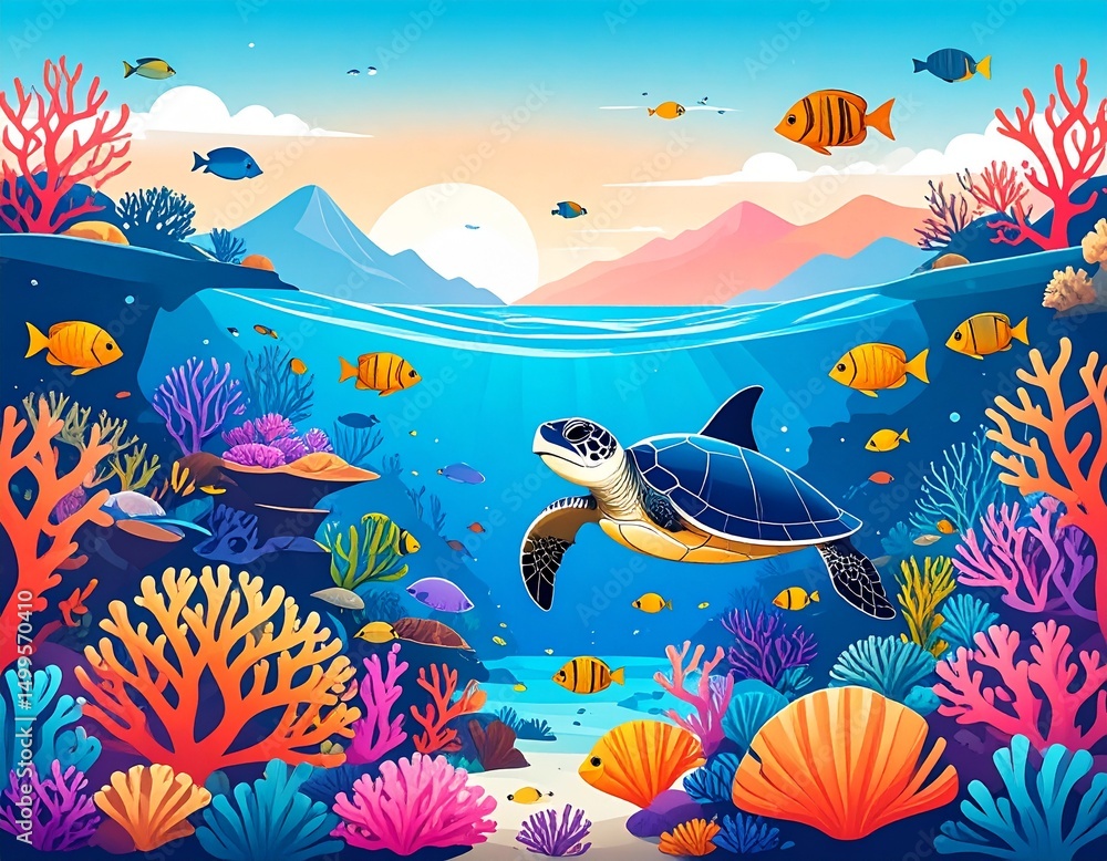 Fototapeta premium colorful super wide underwater coral reef panorama banner background 
