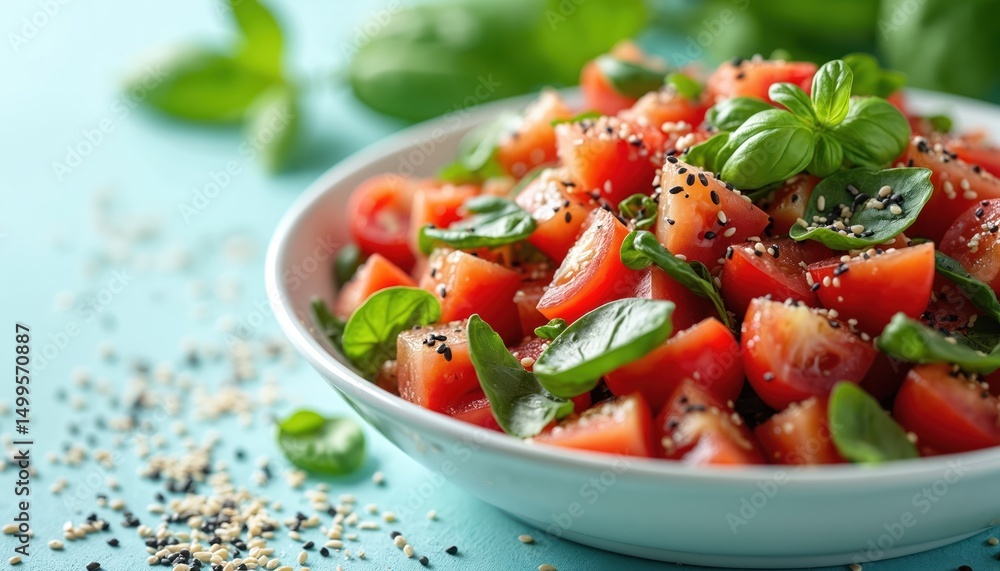 Fresh tomato basil salad sprinkled with sesame seeds in white bowl. Colorful vegetarian food, healthy low calorie summer lunch. Mediterranean cuisine ingredients. Fresh tomato basil salad sprinkled with sesame seeds in white bowl. Colorful vegetarian food, healthy low calorie summer lunch. Mediterranean cuisine ingredients.