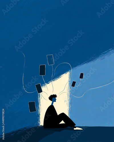 Flat illustration poster, Phones connected to teen's head symbolizing digital overload and disconnection