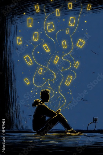 Flat illustration poster, Plugged into loneliness: glowing thoughts in a dark room