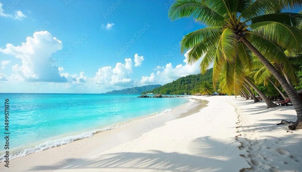 Obraz premium Relaxing beach scene with turquoise water lapping gently on the shore, white sand, and palm trees swaying in the breeze Perfect for summer vacation themes , horizon, sand dune, summer