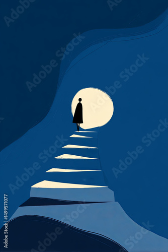 Flat vector illustration, person climbing stairs from darkness to light, Path Through the Night: A Walk Toward Hope and Emotional Clarity