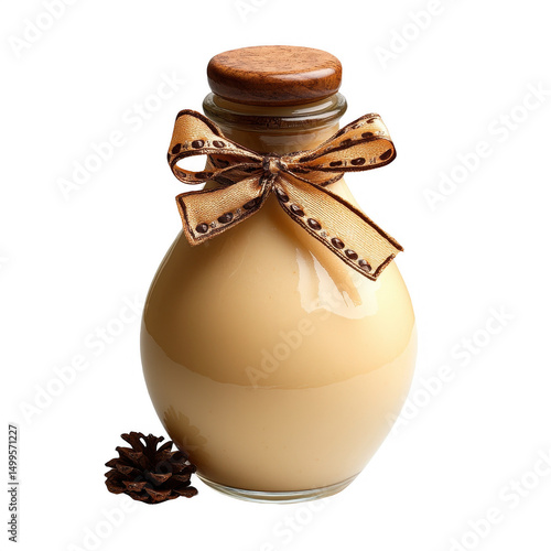 Homemade eggnog recipe in glass bottle with ribbon and pinecone isolated on transparent background