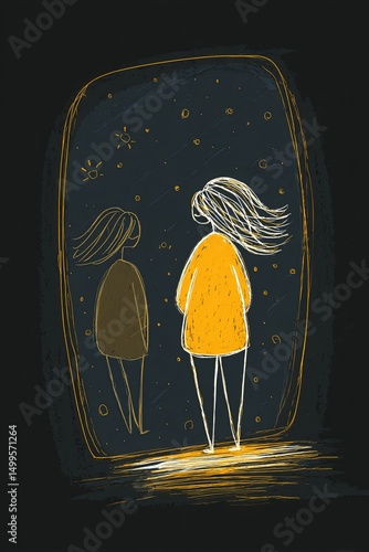 Flat vector illustration poster, Looking at my darker self — the quiet dialogue of inner identity
