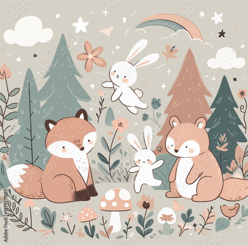 Hand-drawn trendy vector illustration for kids featuring a whimsical scene of cute animals (like fox, bear, and bunny) playing together in a magical forest