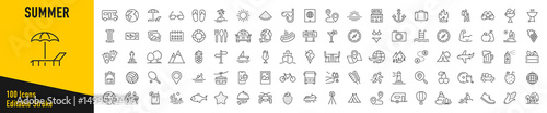 Set of 100 Summer icons. Vacation and beach web icons in line style. Travel, holiday, tourism, hotel, passport, maps, landscape, camera. Icon collection. Vector illustration.