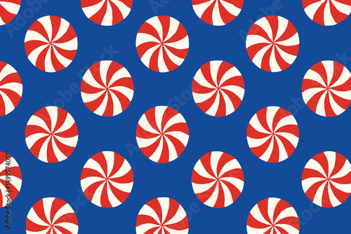 Seamless Pattern Red and White Swirl Candy on Blue Background