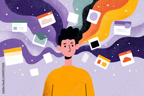 Vector flat image of mental overload, emotional confusion and modern tech fatigue