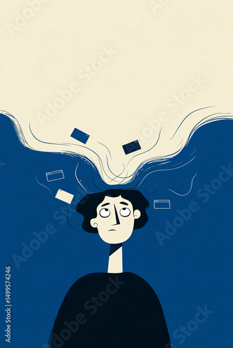 Abstract flat illustration of ADHD and cognitive overload in adults, minimalist vector style