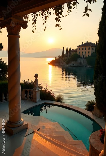 A mesmerizing lakeside scene bathed in the warm, golden hues of the setting sun. 