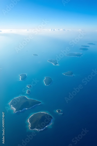 Aerial view of the Indian Ocean with diverse islands and cloud formations, high clarity and vibrant tones