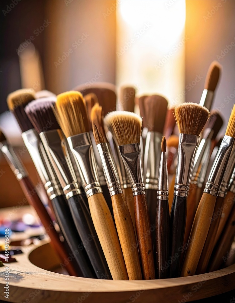 Fototapeta premium Various brushes await inspiration in soft golden light, inviting artistic rituals and creativity.