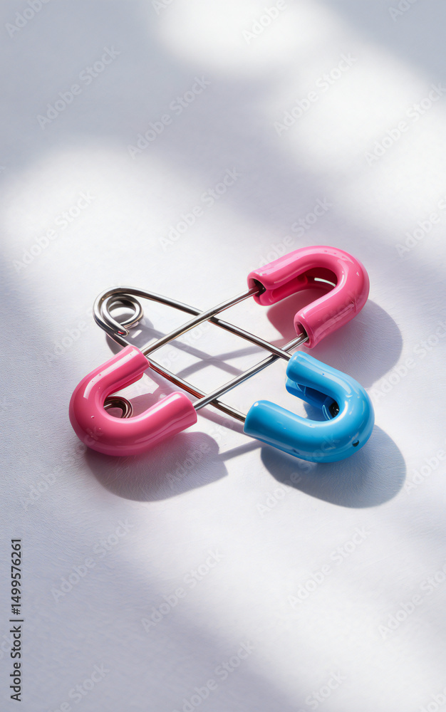 Fototapeta premium Two Colorful Safety Pins Crossed on White Background Illuminated by Sunlight