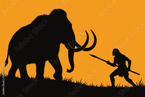 Silhouette of a Caveman Hunting a Woolly Mammoth