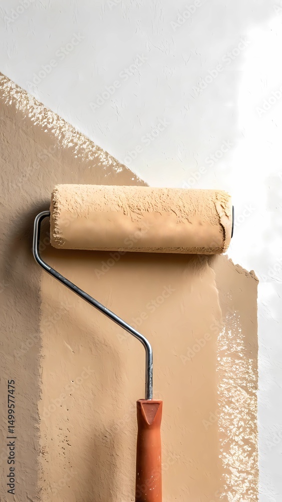 Obraz premium Renovation process in apartment with paint roller applying beige color to wall surface