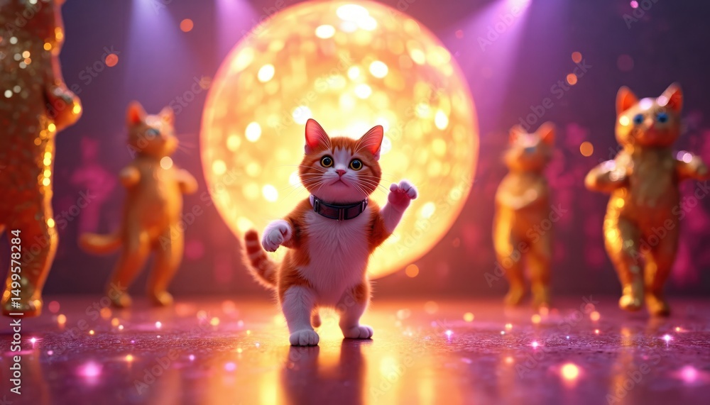 Obraz premium Cute cat dances on disco dance floor. Night club atmosphere. Cat cartoon character smiles, enjoying party. Glowing sphere backlight. Fun concept design for print, poster, card, web design.