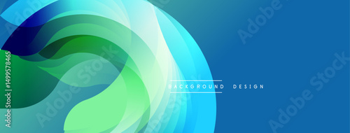 Abstract flowing layers, vibrant blues, greens. Modern design creates dynamic visual effect. Smooth gradients suggest movement, energy.