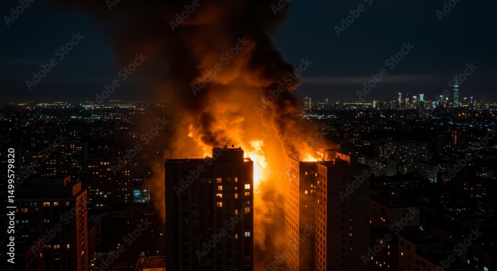 Fiery inferno engulfs high-rise buildings at night, creating a harrowing cityscape Fiery inferno engulfs high-rise buildings at night, creating a harrowing cityscape