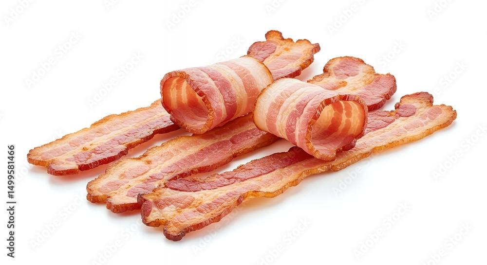 Crispy Cooked Bacon Strips Isolated on White Background Crispy Cooked Bacon Strips Isolated on White Background