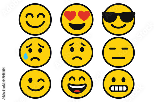 Collection of Nine Diverse Emojis Showing Various Emotions