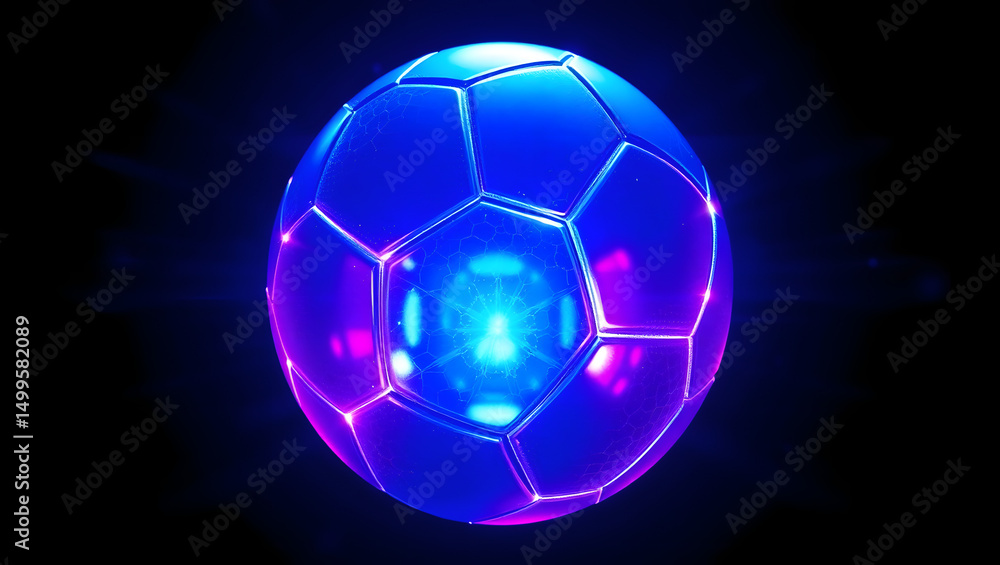 Naklejka premium Futuristic Soccer Ball: A vibrant, radiant soccer ball glows with a captivating blue luminescence, an enticing image of modern technology, and digital innovation.
