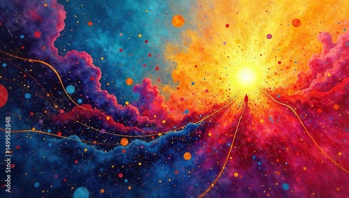 A vibrant abstract painting depicting interconnected shapes and bold colors, symbolizing the birth of a groundbreaking idea and the process of conceptual innovation , color, breakthrough