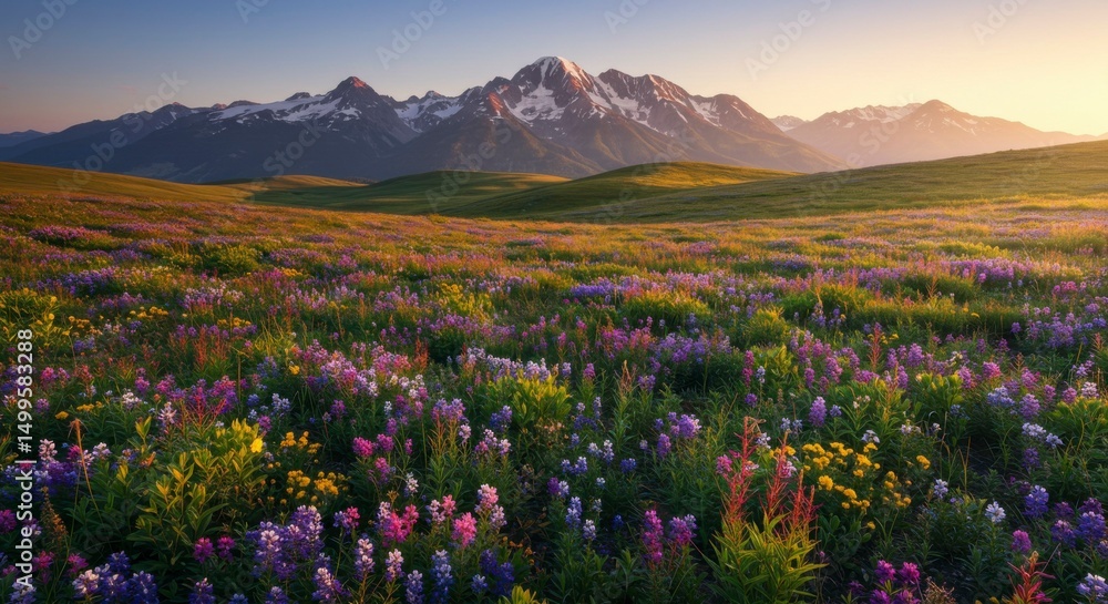 Obraz premium Vibrant wildflowers bloom across a vast meadow, bathed in the golden light of sunrise, with majestic snow-capped mountains forming a breathtaking backdrop