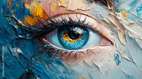 Conceptual abstract oil painting picture of an eye. Oil painting in colorful colors. Conceptual abstract closeup of an oil painting and palette knife on canvas