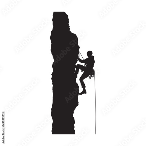 A person abseiling down a rock face silhouette