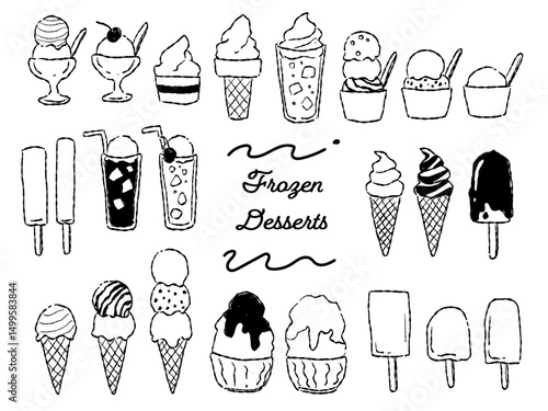 手描きラフテイストなアイスや氷菓子のイラストセット(モノクロ線画)