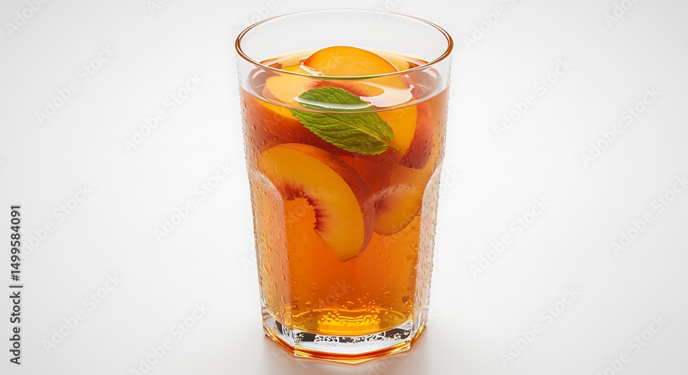 Fototapeta premium Refreshing peach iced tea with basil garnish