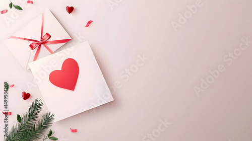 Gift box with red ribbon and heart-shaped card on soft background, surrounded by decorative elements for romantic occasions and celebrations. Selective focus