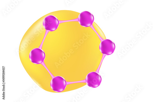 abstract gold molecule icon with fluid sphere shape connected in a circular arrangement. cosmetology ingredient, skincare, scientific beauty, advertising serums, vitamins, nutritional supplements