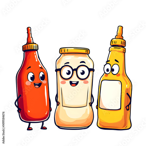 Cartoon condiments featuring ketchup mayonnaise and mustard with happy faces on a black background isolated with white background